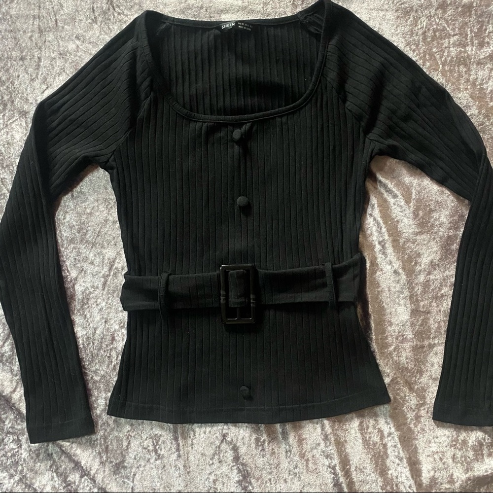 Black longsleeve belted top, nonfunctional buttons
